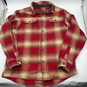 Orvis Shirt Jacket Shacket Mens Medium Red Flannel Plaid Long Sleeve Pockets VGC